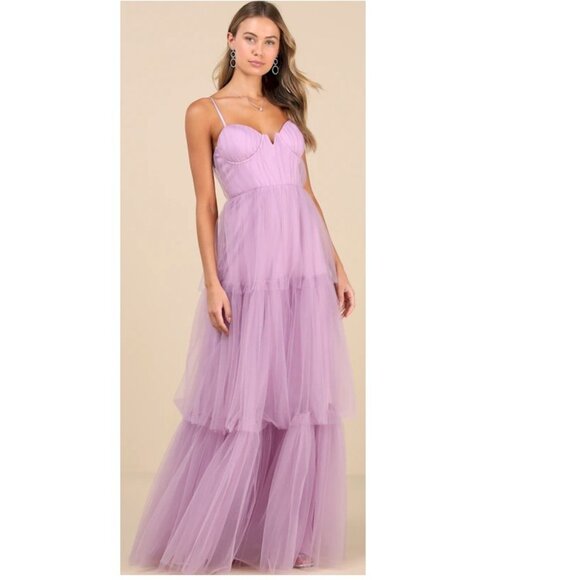 Lulus Unforgettable Poise Lilac Tulle Bustier Tiered Maxi Dress XS New NWT - Picture 4 of 11